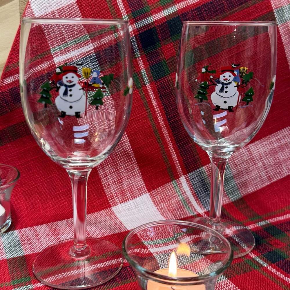 Pfaltzgraff Snow Village Wine Glasses Set of 2 Hand Painted Christmas Snowman